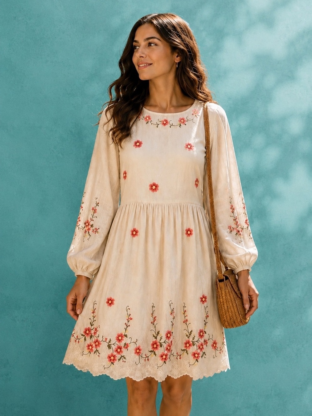 Caroline Constas Cream Floral Embroidered Long-Sleeve Dress